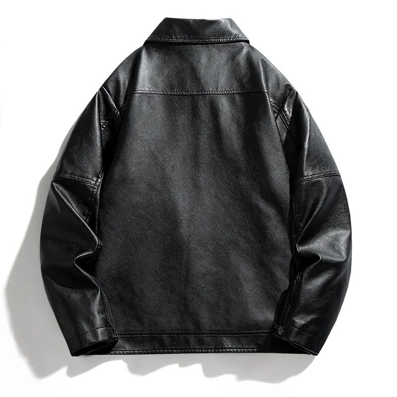Men Coat Zipper Solid Jackets Long Sleeve Cardigan Leather Outerwear Loose Pockets High Street 2025 Spliced Faux Leather