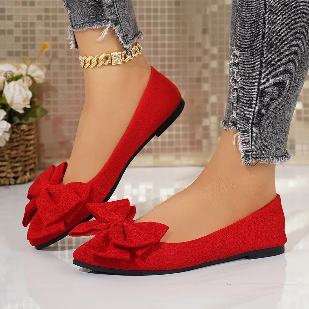 Women's Casual Flat Bottom Slip-On Shoes Spring Summer Pointed Comfortable Walking Footwear Women Bowtie Red Flats Size 43