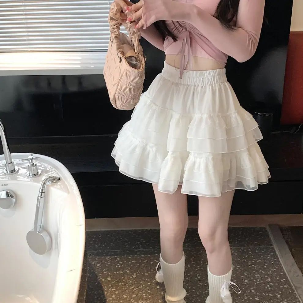 Plus Size New Style Pure Desire Aesthetic Mini Dress Net Yarn Fairy Puff Skirt High-Waisted Slimming Lace Cake A- Line Skirt ...