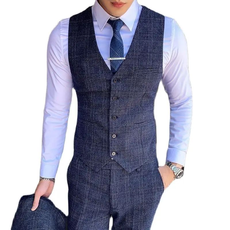 Dark Blue Men's Suit Three Piece, Business Casual Jacket and Vest with Trousers, Gray Dark Brown Slim Fit Sets, Asian Size