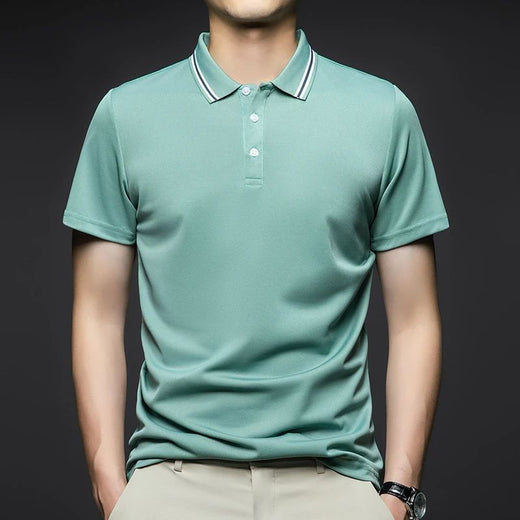 Men's Fashion Solid Short Sleeved Striped Lapel Polo Shirt Summer Breathable Comfortable Top