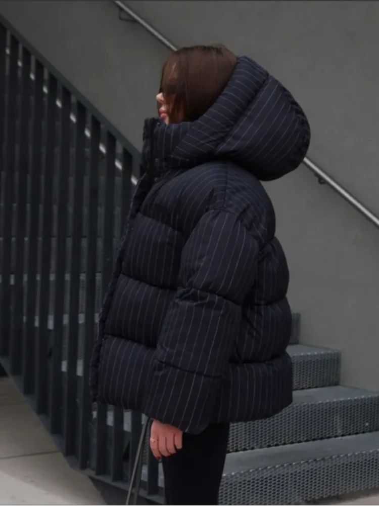 Women's Pinstripe Oversized Puffer Jacket Full Sleeve Detachable Hood Zipper Warm Coat 2025 Autumn Winter Female Casual Wear