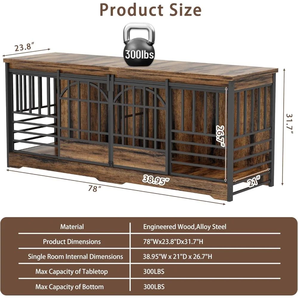 Double Dog Crate Furniture, Extra Large Dog Kennel Indoor with Divider, Heavy Duty Dog Cage for 2 Dogs, Decorative