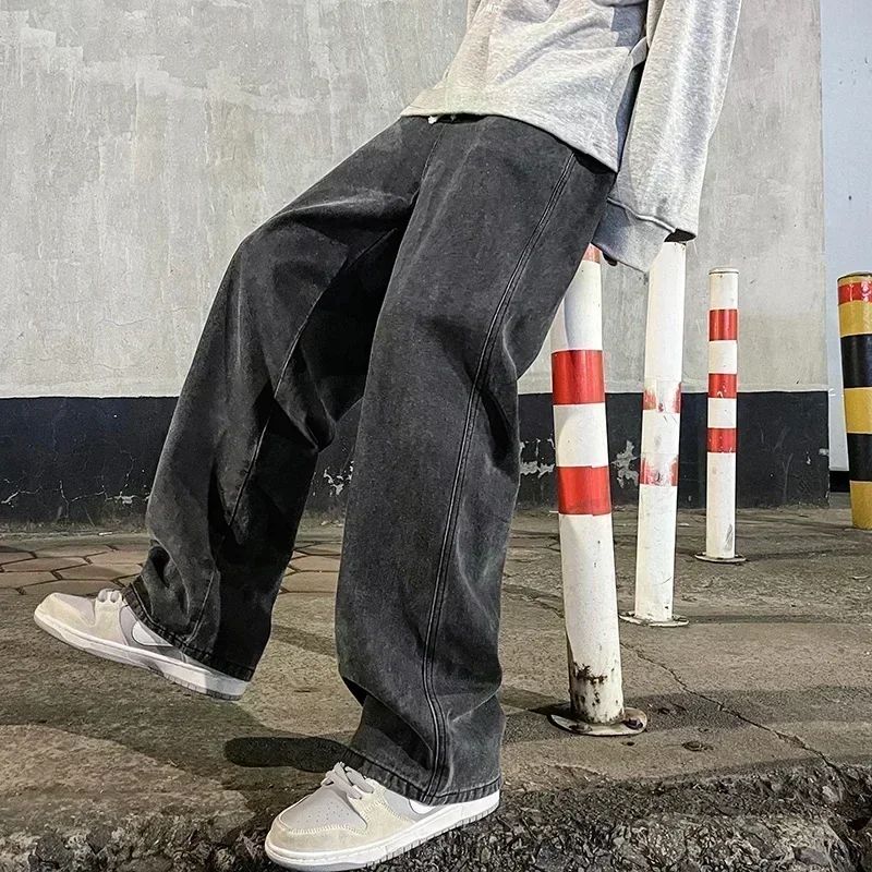 Spring Autumn New Men's Jeans Japanese Vintage Elastic Waist Casual Straight-leg Pants Trendy Wide-leg Trousers Loose Fit