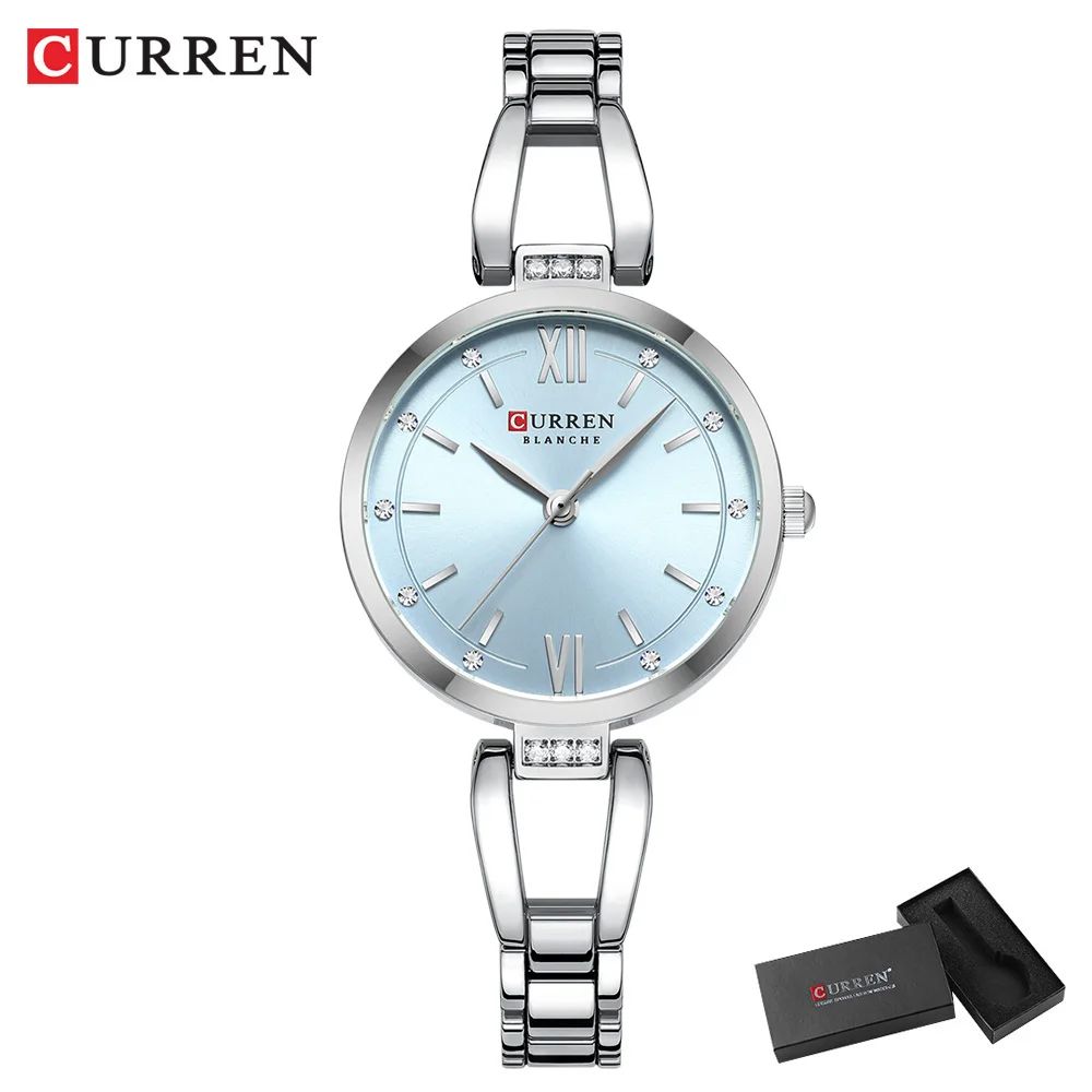 CURREN Luxury Elegance Ladies Watch with Sparkling Rhinestones Simple Quartz Stainless Steel Bracelet Wristwatch