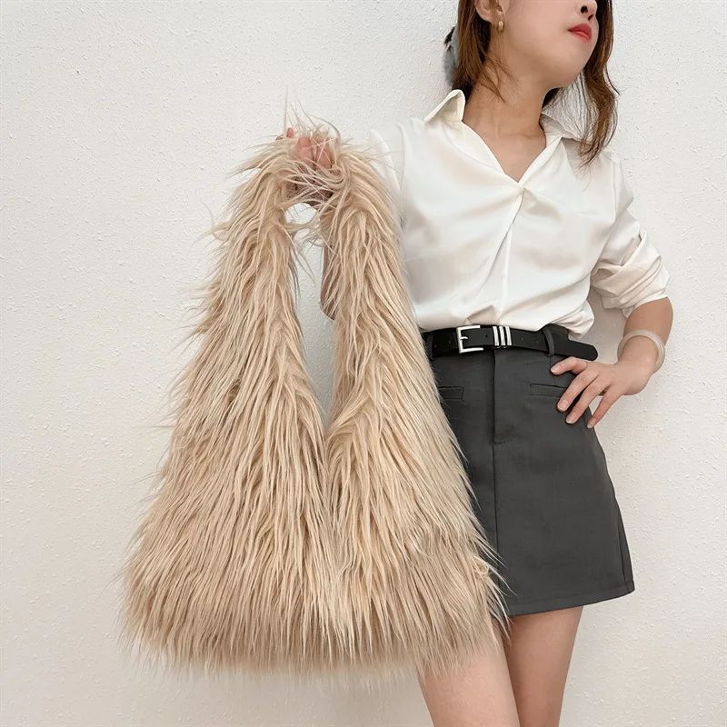 2025 NEW Wool Women's Plush Shoulder Bags Y2k Hot Girls Faux Fur Drawstring Bucket Bag Fashion Female Furry Purse Tote Handbags