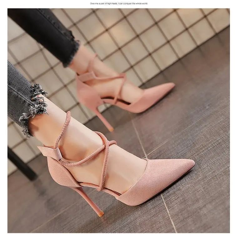 New Cross-strap Roman Sandals Suede High Heels Women's Shoes One-line Buckle Fine Heel Pointed Sandals Zaptos Mujer