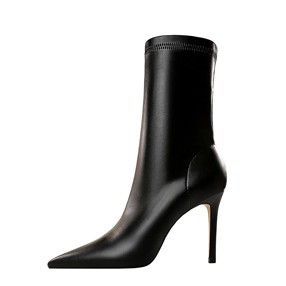 Women 7.5cm 10cm High Heels Leather Boots Lady Low Heels Short Ankle Boots Stripper Winter Warm Snow Plush Pointed Toe Shoes