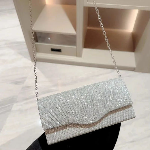 Glitter Ladies Silver Clutch Bag Envelope Evening Bag Fashion Elegant Long Purse Women Chain Shoulder Bags Wedding Party Handbag