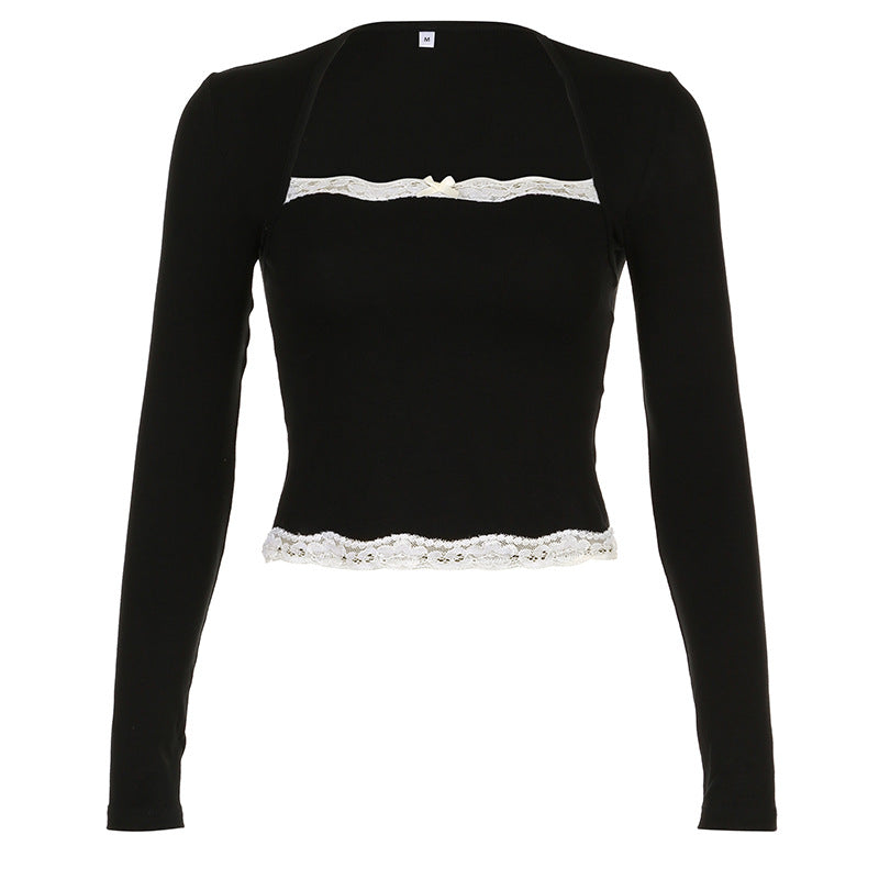 Women Spring Autumn Tops Lace Trim Square Neck Long Sleeve Slim Fit Blouse Gothic Grunge Shirts Y2K Aesthetic Kawaii Clothes