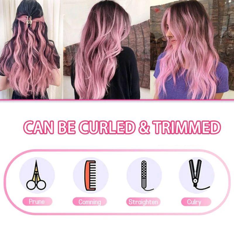 10 Pcs Synthetic Pink hair extensions 22 Inch Straight colored hair colorful clip Highlight Party for Kids and Women Gift