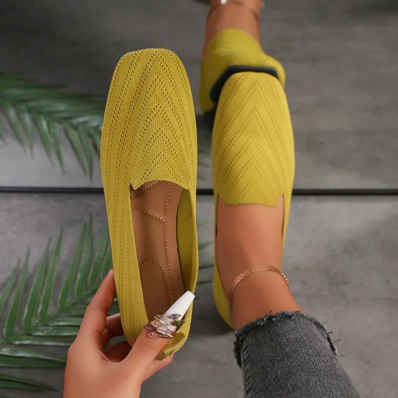 2025 Solid Color Square Toe Mesh Loafers Shallow Women Flats Shoes Soft Bottom Knit Ballet Flats Shoes Casual Slip on Shoes