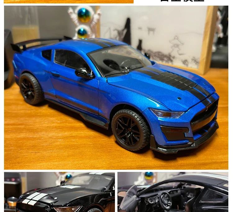 Large 1:18 Ford Mustang GT500 Miniatures Alloy Diecast Metal Vehicle Model Collectibles Sound Light Toys Car Gifts For Kids Boys
