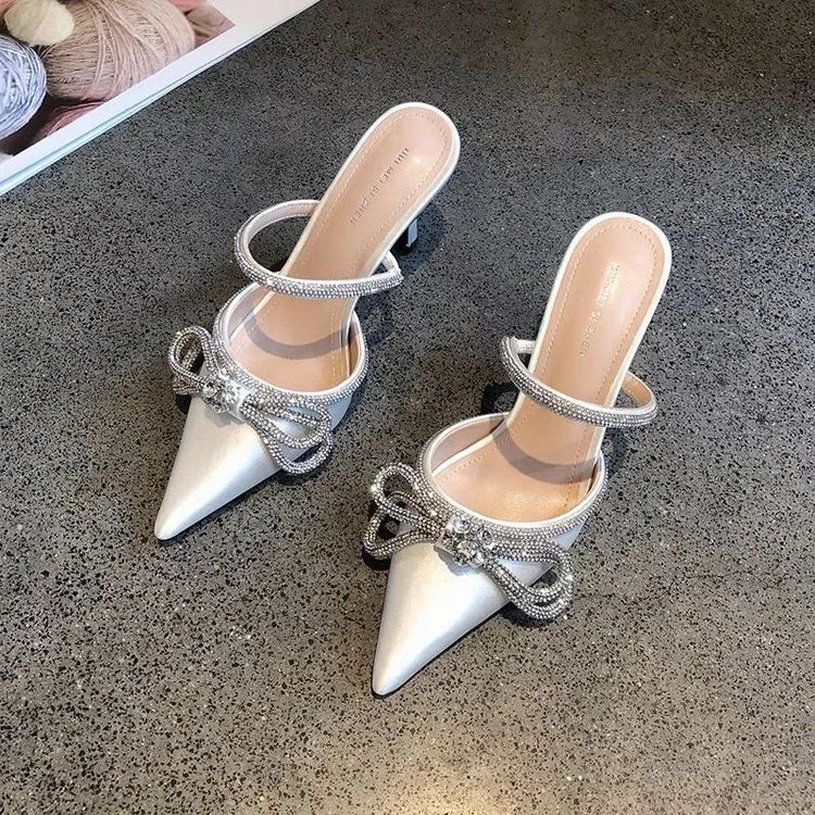 Imitation Sandals and Butterfly Knot for Women, High Heels, Narrow Slippers, Party Bombs, Luxury Wedding Shoes, Summer Fashion