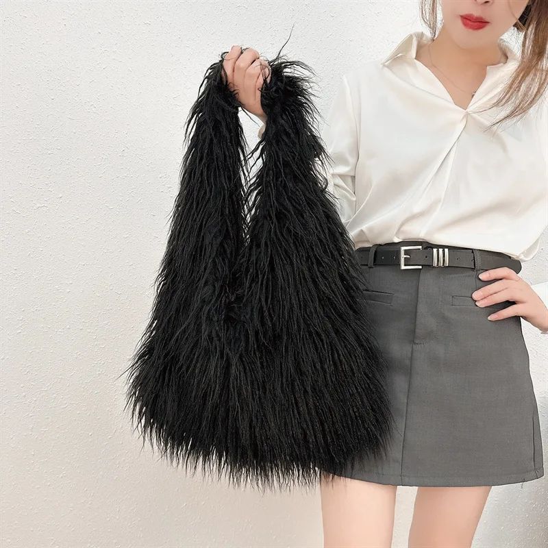 2025 NEW Wool Women's Plush Shoulder Bags Y2k Hot Girls Faux Fur Drawstring Bucket Bag Fashion Female Furry Purse Tote Handbags