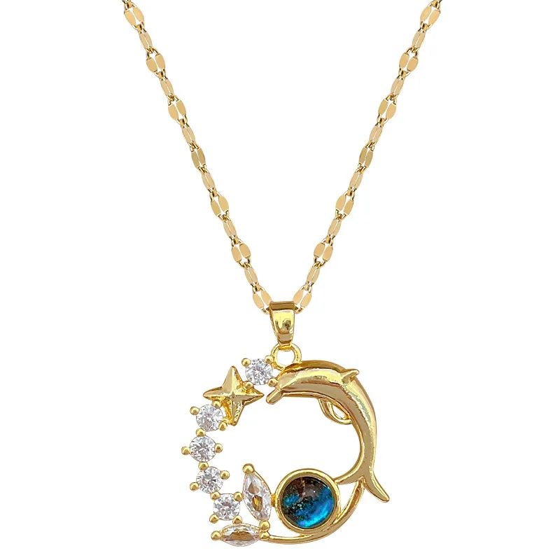 Exquisite Dolphin Star Blue Crystal Pendant Necklace For Women Fashion Personalized Daily Accessory Party Jewelry Birthday Gifts