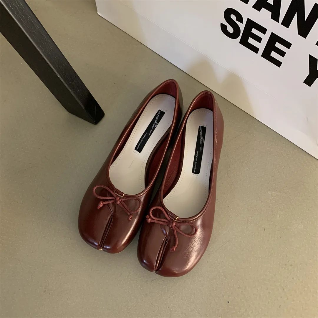 Tabi Shoes Ballet Falts Leather Ballerina Shoes For Women Split Toe Flats Tabi Shoes Slip On Soft Bottom Moccasins with Bowknot