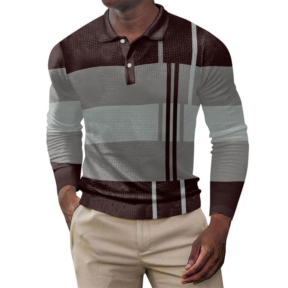 2025 autumn men's polo shirt long sleeved stand up collar patchwork printed top fashionable street casual T-shirt men's shirt