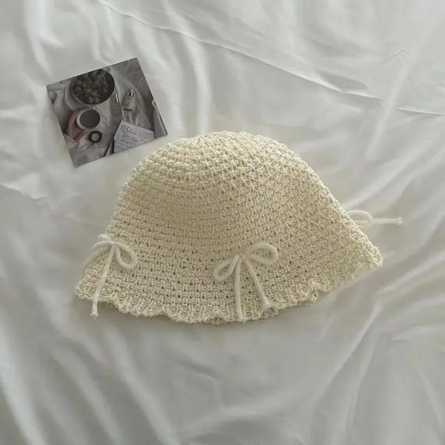 Korean Ins Bow Spring and Summer Fashion Sweet Bucket Hat Outdoor Sunshade Knitted Solid Color Straw Breathable Women Sun Hats