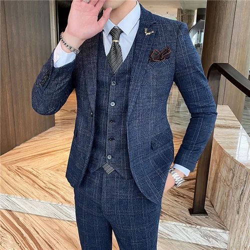 Dark Blue Men's Suit Three Piece, Business Casual Jacket and Vest with Trousers, Gray Dark Brown Slim Fit Sets, Asian Size