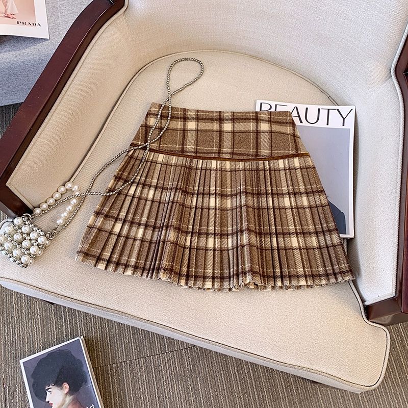 Plaid Pleated Mini Skirt Thick Wool Short Skirt High Waist Box-pleat Miniskirt for Women Teen-girl Preppy Style Outfit