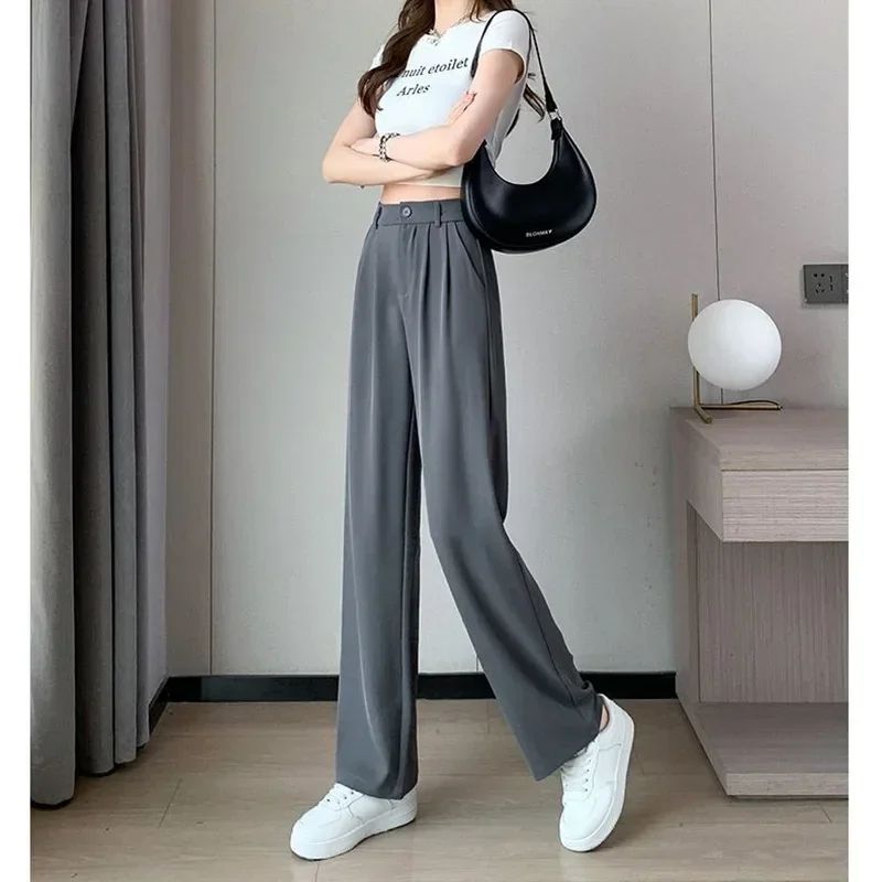 Women Full Length Pants Lady Baggy High Waist Wide Leg Solid Color Trousers Lady Straight Leg Mom Classic Office Pants Slacks