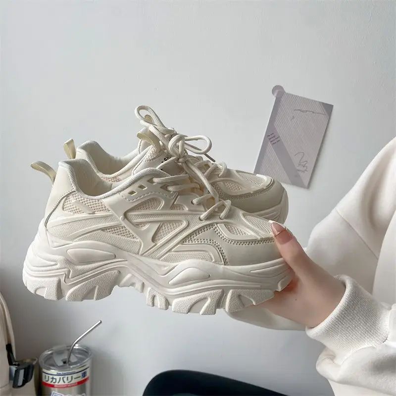 2024 New Women Fashion Platform Sport Shoes Women spring autumn Black Casual Chunky Sneakers Women Mesh Leather Platform Shoes
