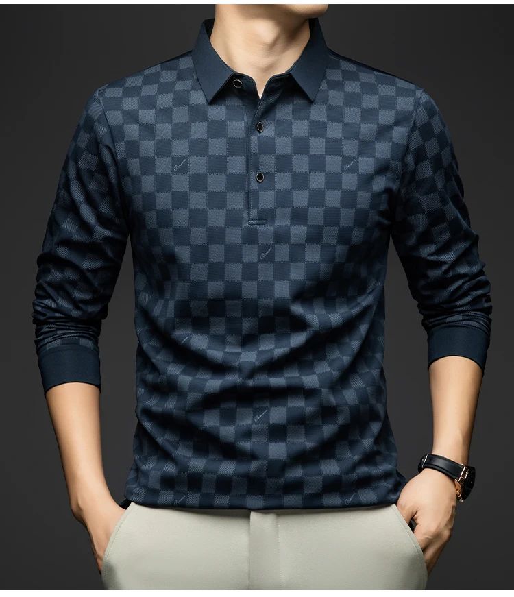 BROWON Polo Shirts for Man Autumn Business Slim Fit Long Sleeve T Shirt Men 2025 New Casual Loose Pullover Plaid Men Tops & Tees