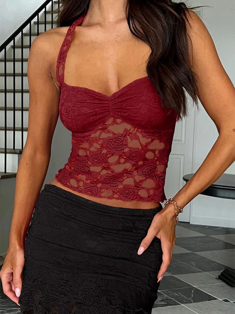 2025 Spring and Summer New Women's Y2K Style Sleeveless Sexy Slim Lace T-shirt Lace Tie Solid Color Vest Top