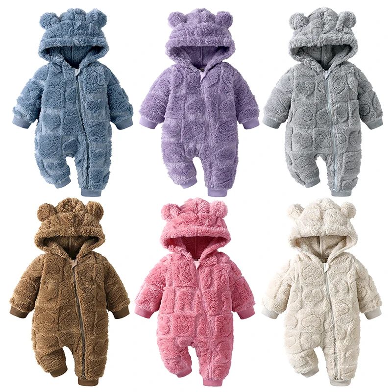 Cartoon Baby Clothes Boy Romper Long Sleeve Arctic Velvet Hooded Baby Girl Romper Winter Warm Newborn Clothes 0-18 Months