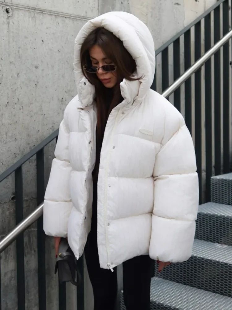 Women's Pinstripe Oversized Puffer Jacket Full Sleeve Detachable Hood Zipper Warm Coat 2025 Autumn Winter Female Casual Wear