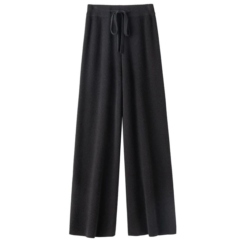 Spring Autumn Women High Waist Wool Wide Leg Pants Solid Soft Warm 100% Merino Wool Knitted Trousers Belt Casual Korean Fashion