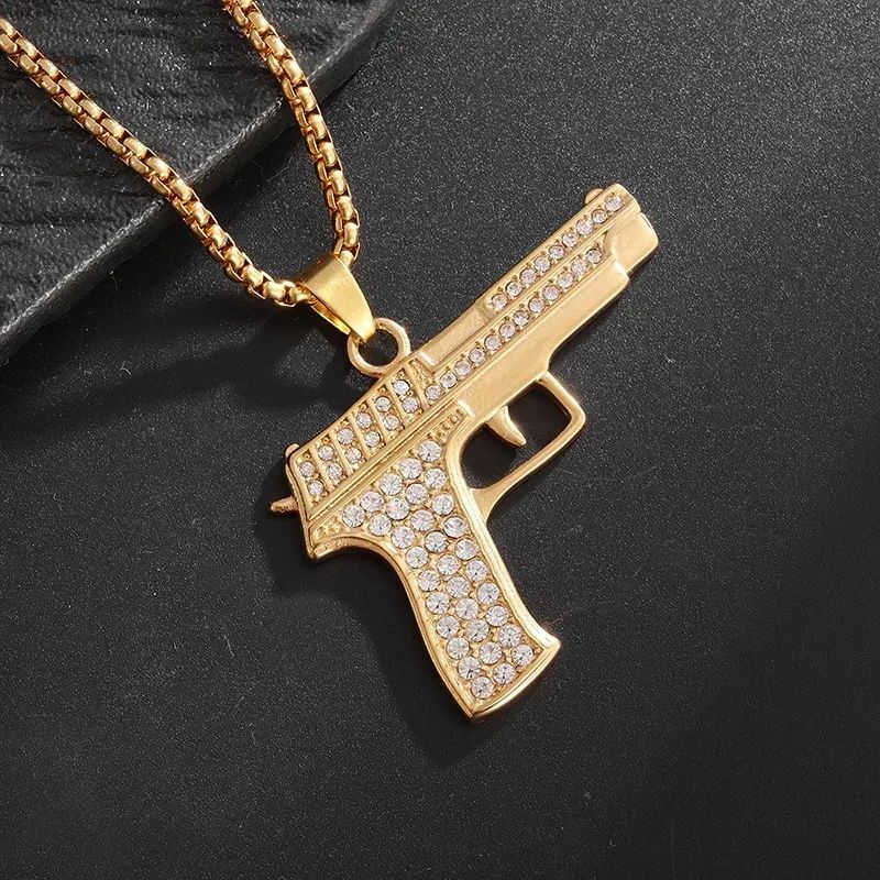 Bling Iced Out Pistol Pendant Submachine Gun Necklace Men Personality Hip Hop Rock Punk Cool Street Party Jewelry Gift