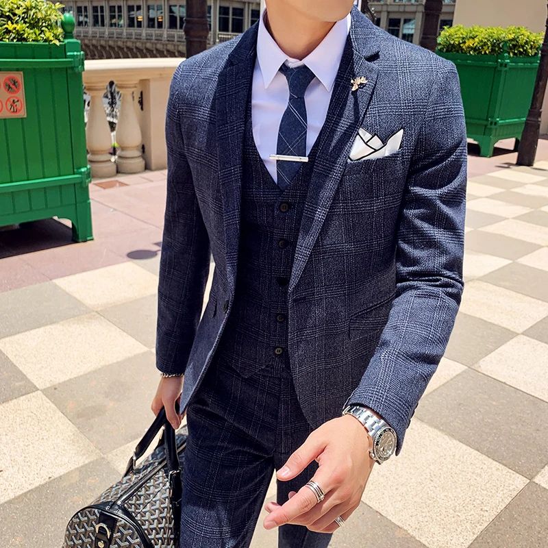 Dark Blue Men's Suit Three Piece, Business Casual Jacket and Vest with Trousers, Gray Dark Brown Slim Fit Sets, Asian Size