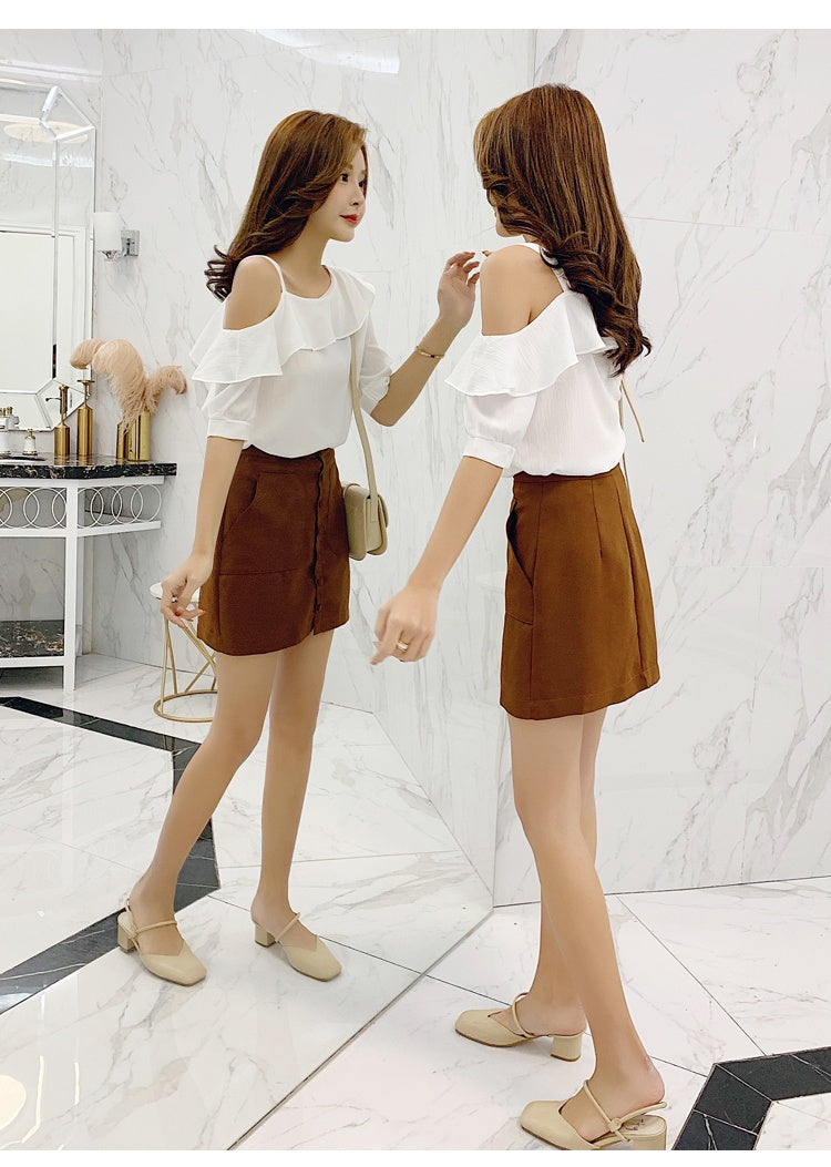Women's Shirt Tops Fashion One-Shoulder Ruffles Short-sleeved Tops Chiffon Tops S-XXL