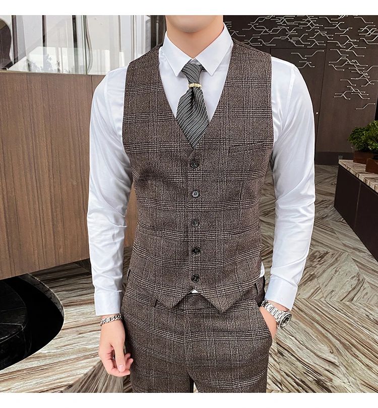 Dark Blue Men's Suit Three Piece, Business Casual Jacket and Vest with Trousers, Gray Dark Brown Slim Fit Sets, Asian Size