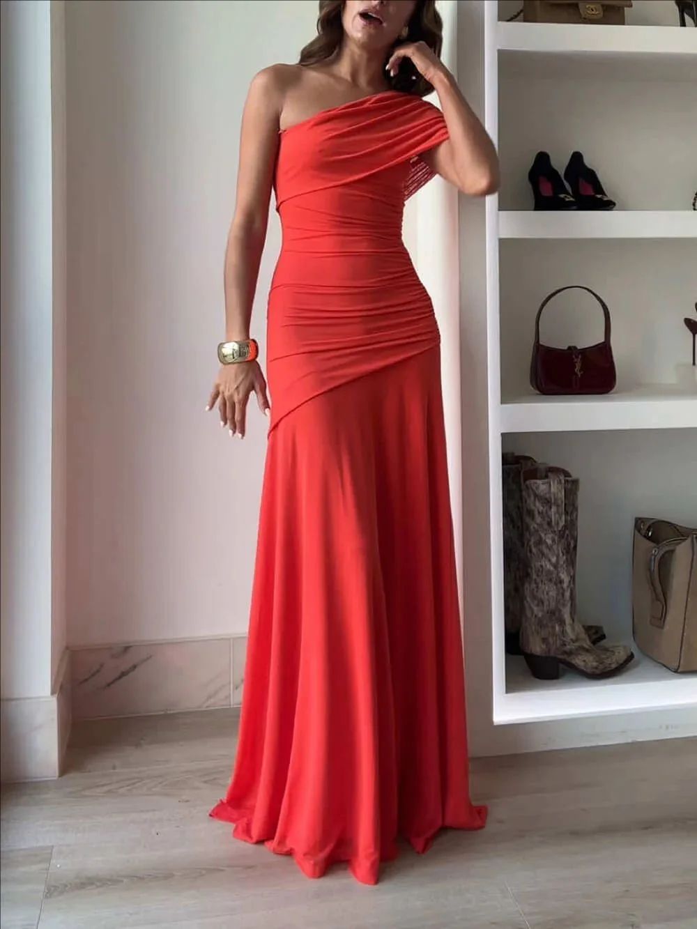 Pure Color Asymmetrical Collar Bared Back Bodycon Dress Cross-Border 2025 Women's Fashion Sleeveless Long Evening Gown