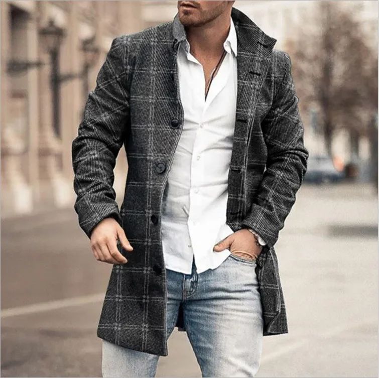 European and American Woolen Overcoat for Autumn and Winter. Korean Style Fashionable Men's Stand-up Collar Woolen Overcoat.