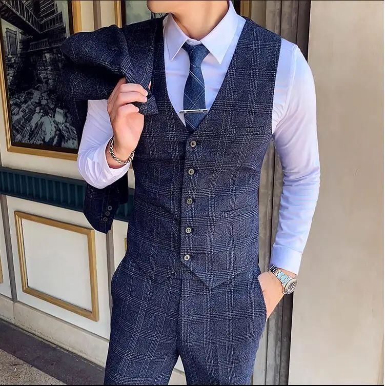 Dark Blue Men's Suit Three Piece, Business Casual Jacket and Vest with Trousers, Gray Dark Brown Slim Fit Sets, Asian Size