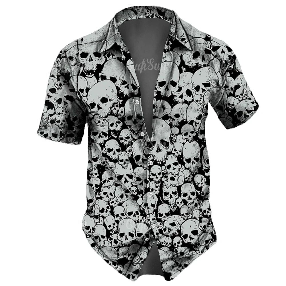 Men's casual Hawaiian lapel 3D horror skull retro printed button short sleeved shirt