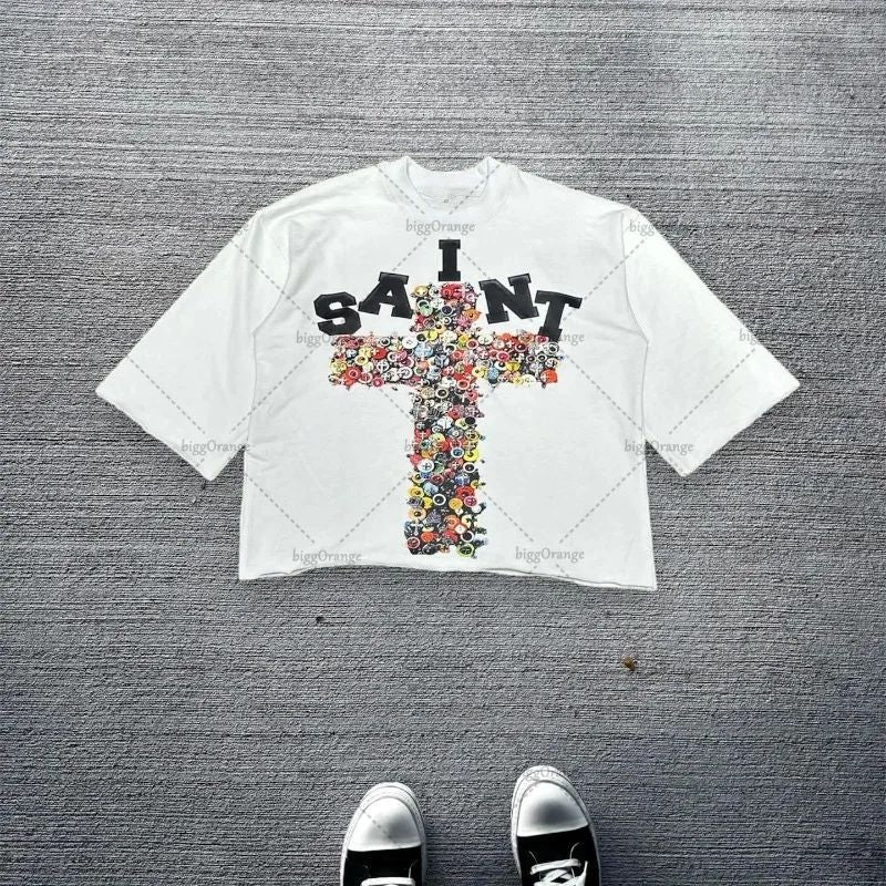 American Hip-hop Anime Print Oversized T-shirt Men Retro Trendy Streetwear Top Pure Cotton Round Neck Casual Loose Short Sleeves