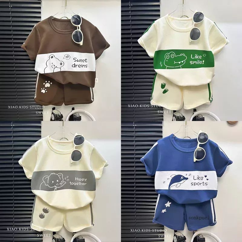 2Pcs Cartoon Bear Children Short Sleeve Shorts Sets Summer Kids Clothes Boy Girl Baby Thin Cotton Tee Tracksuits Fashion Outfits