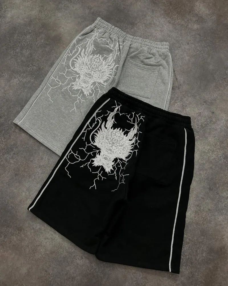 American Hip-hop Dragon Head Striped Casual Loose Shorts Men 2025 High Street Retro Punk Fashion Oversized Straight Pants Women
