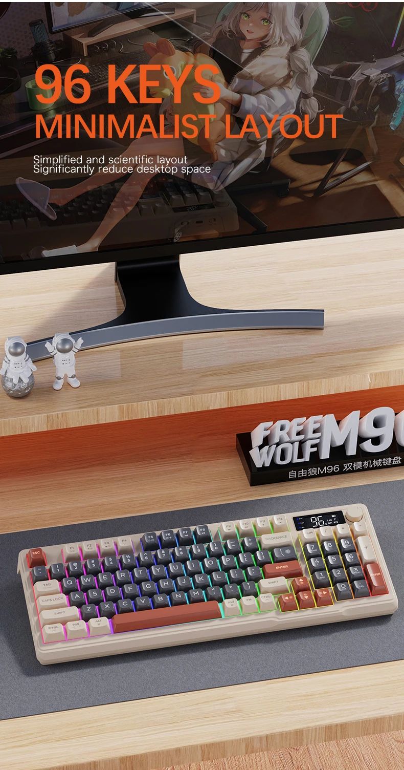 M96 Bluetooth Keyboard Wireless FREEWOLF Screen Gaming Keyboard,Electronic Screen, Multi-Device Connection,Ergonomics Gaming