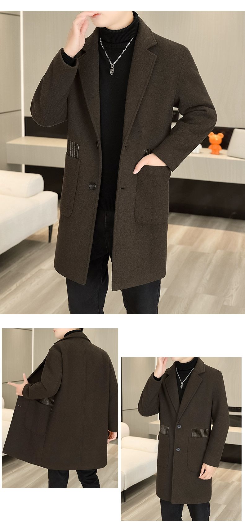 Men's Long Over-the-Knee Trench Coat Youth Black Business Casual Suit Collar Overcoat Mid-Length Trench Coat