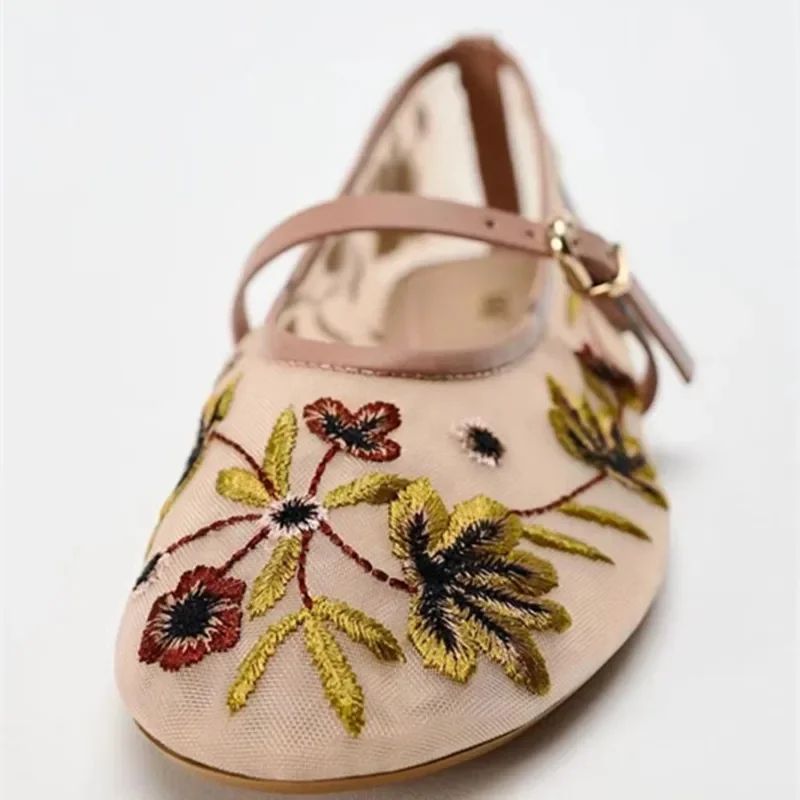 New Mesh Breathable Ballet Flats Women Luxury Designer Embroidered Flower Mary Jane Shoes Light Comfort Low Heeled Summer Flats