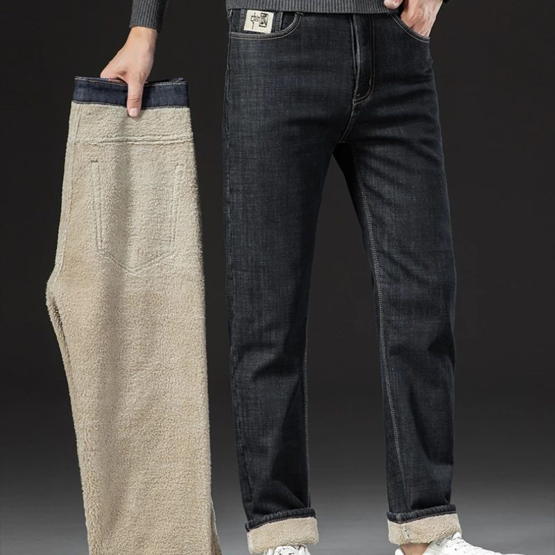 2025 New Classic Men's Business Casual Velvet Jeans Winter Chinese Embroidery Straight Loose Warm Thick Pants