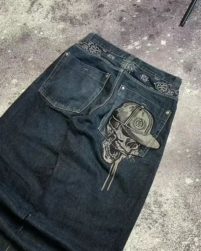 Y2K American New Trend Hip-hop Gothic Embroidered Jeans Men's Street Harajuku Leisure Loose Straight Wide-leg Pants Unisex Jeans