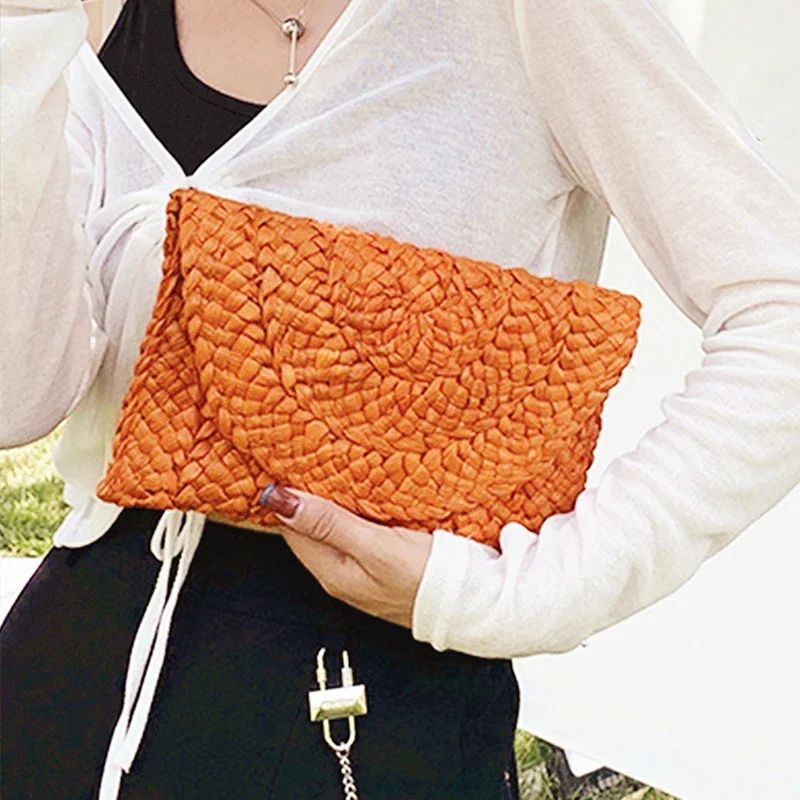 Fashionable Corn Husk Straw Bags Hand-woven Women Clutch Envelope Handbag Long Purse for Female Summer Beach Bag Bolsa 2024
