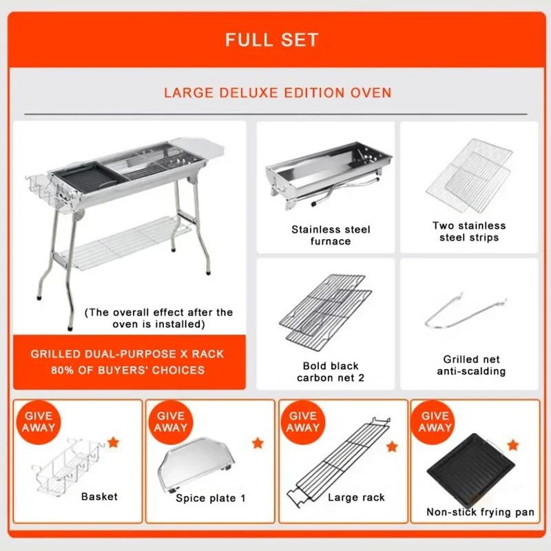 Stainless Steel Charcoal Grill Barbecue Tool Portable Free Installation Handle Folding BBQ Cooking Grid For Park